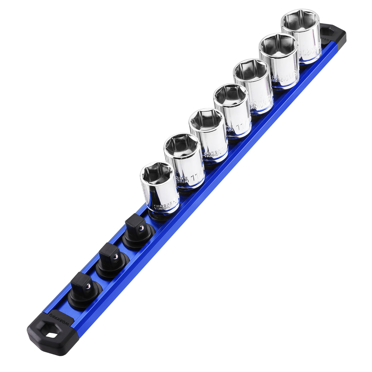 WORKPRO Magnetic Socket Organizer quality durable innovation for tool storage on blue aluminum alloy rail