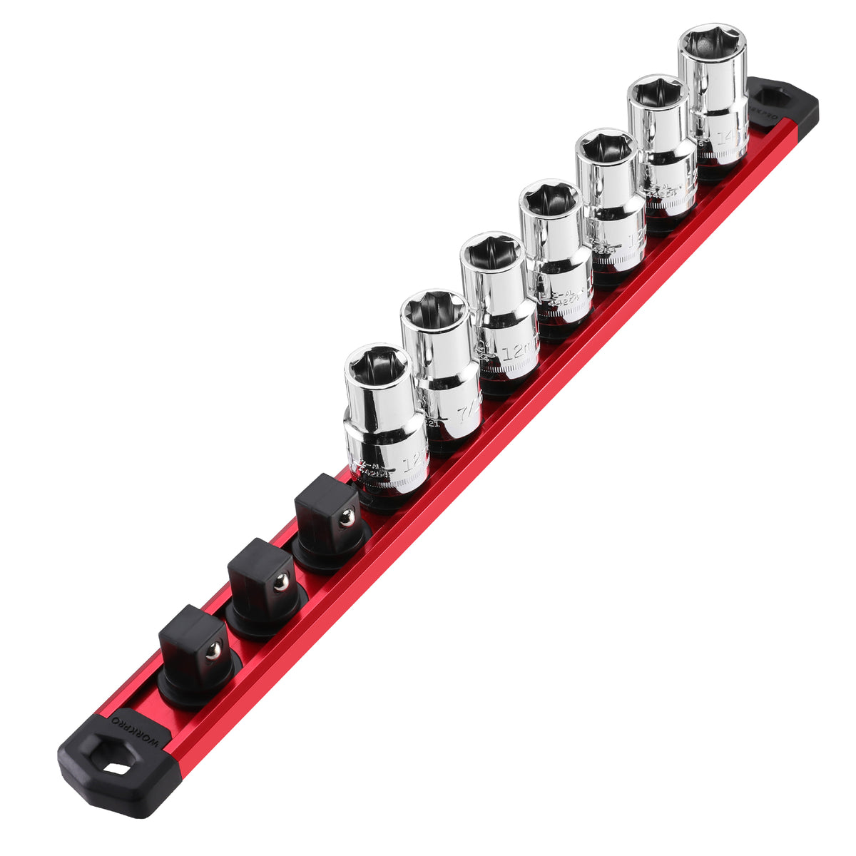 WORKPRO Magnetic Socket Organizer rail with snap-on clips, red and chrome, innovation quality and secure durable fit