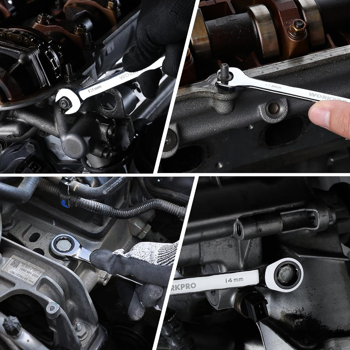 Workpro metric ratcheting wrench set in silver finish, shown in use on automotive engine components.