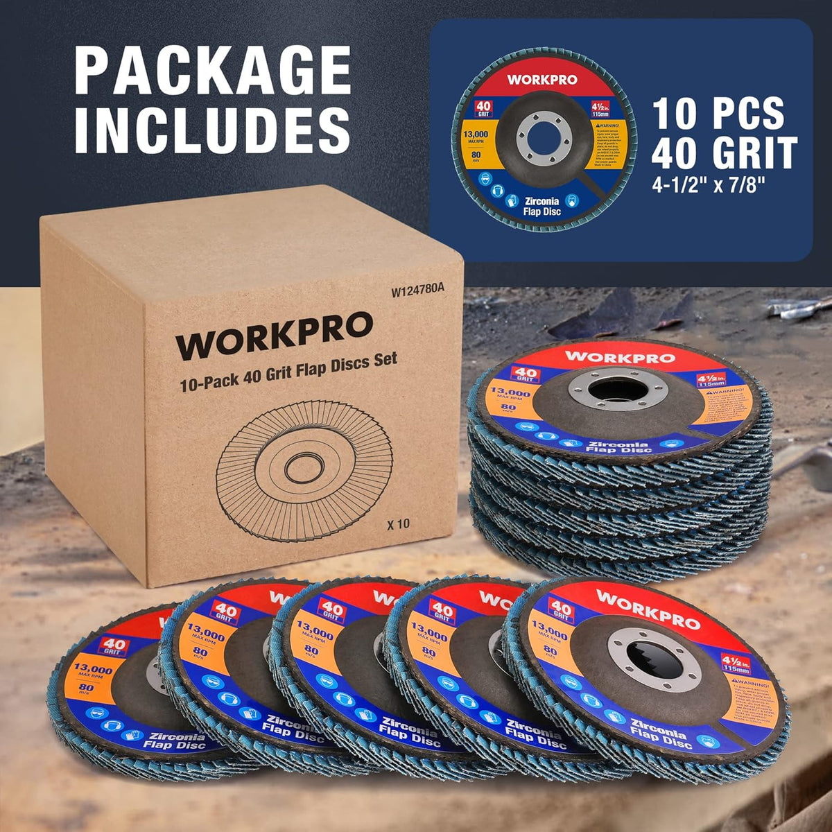 10-pack blue zirconia flap sanding discs, 4-1/2 in diameter, 7/8 in arbor
