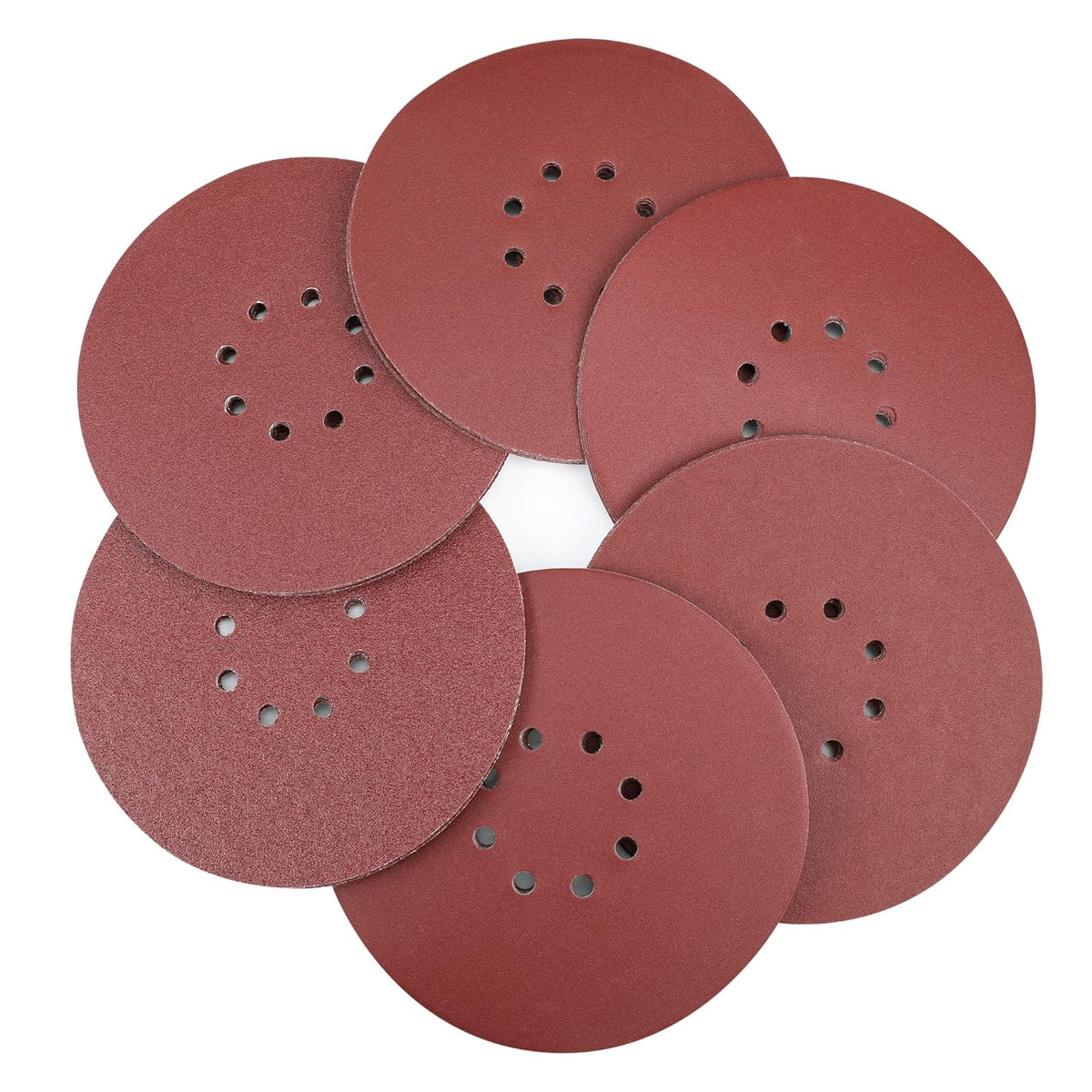 Red round sanding discs with 8-hole perforation, hook-and-loop abrasive pads set