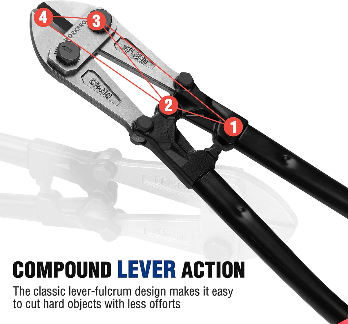 Workpro 14 inch bolt cutter with bi-material handles, black grips and silver jaws, using lever fulcrum action.