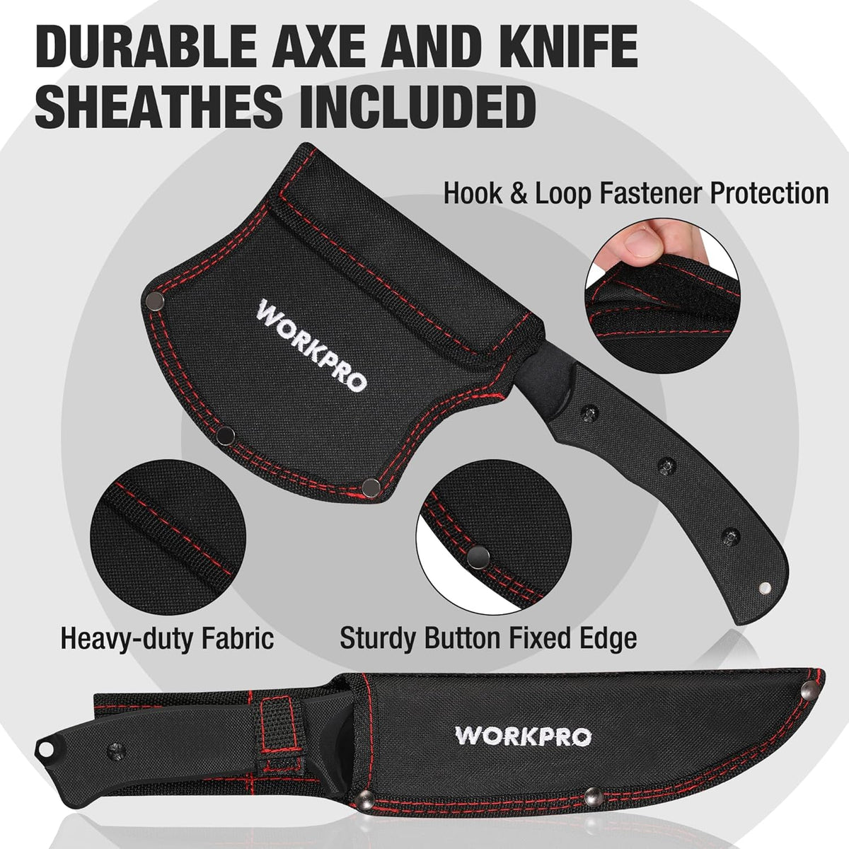 Tactical knife and axe combo with two black fabric sheaths, red-trim stitching