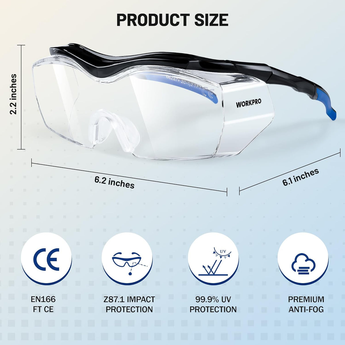 Safety goggles with clear shield lens and blue temple arm, product size view