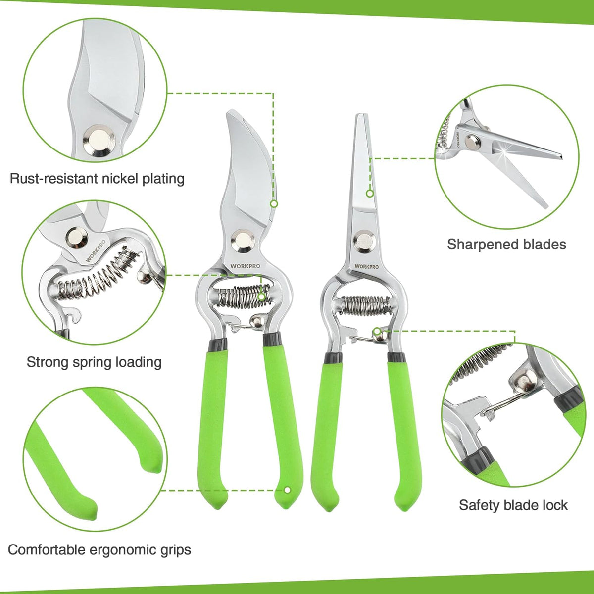 Green-handled pruning shears with sharpened blades, safety blade lock, and spring