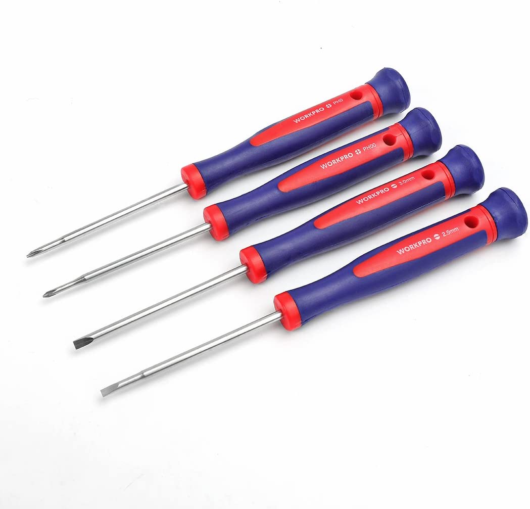 Set of blue-and-red handled precision screwdrivers with metal bits