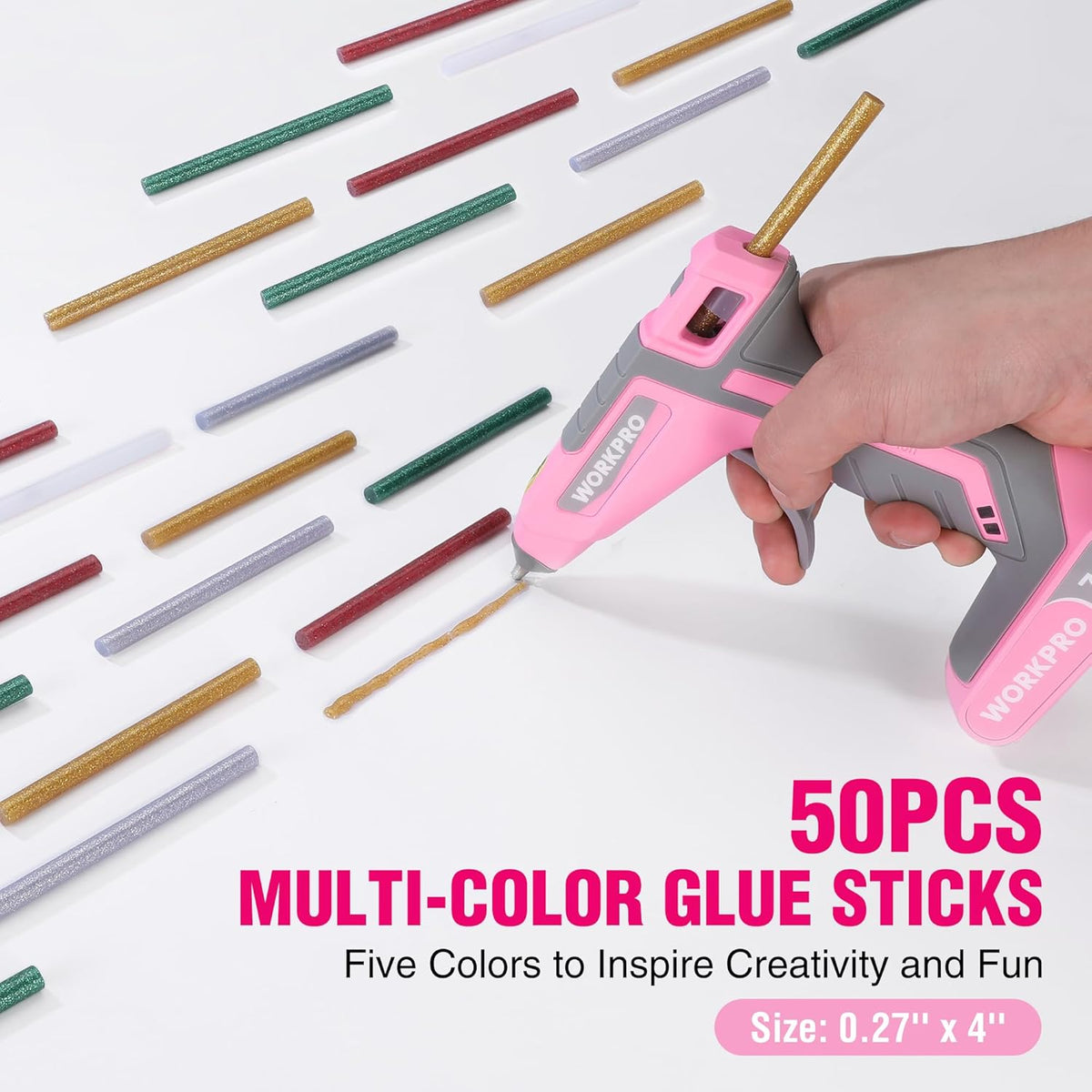 Pink WORKPRO cordless hot glue gun with multicolor mini glue sticks