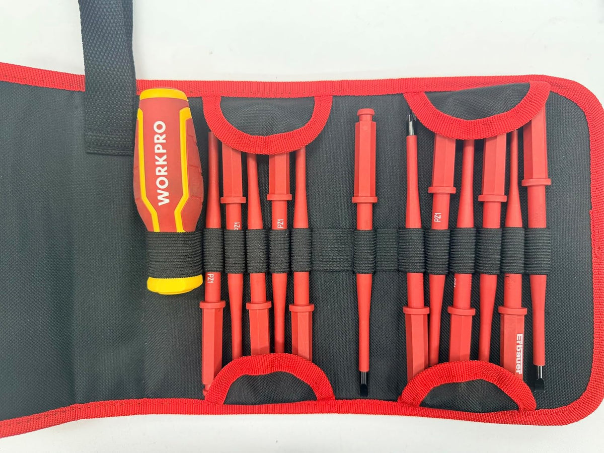 Insulated screwdriver set in red-and-black zip case with assorted tips