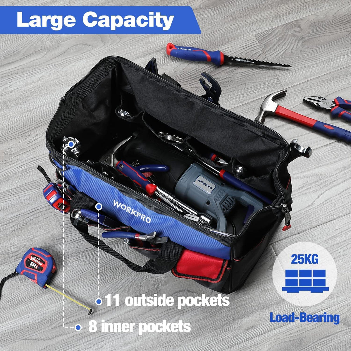 WORKPRO 18 inch tool tote bag in black and blue with wide-open mouth, innovation, quality, secure
