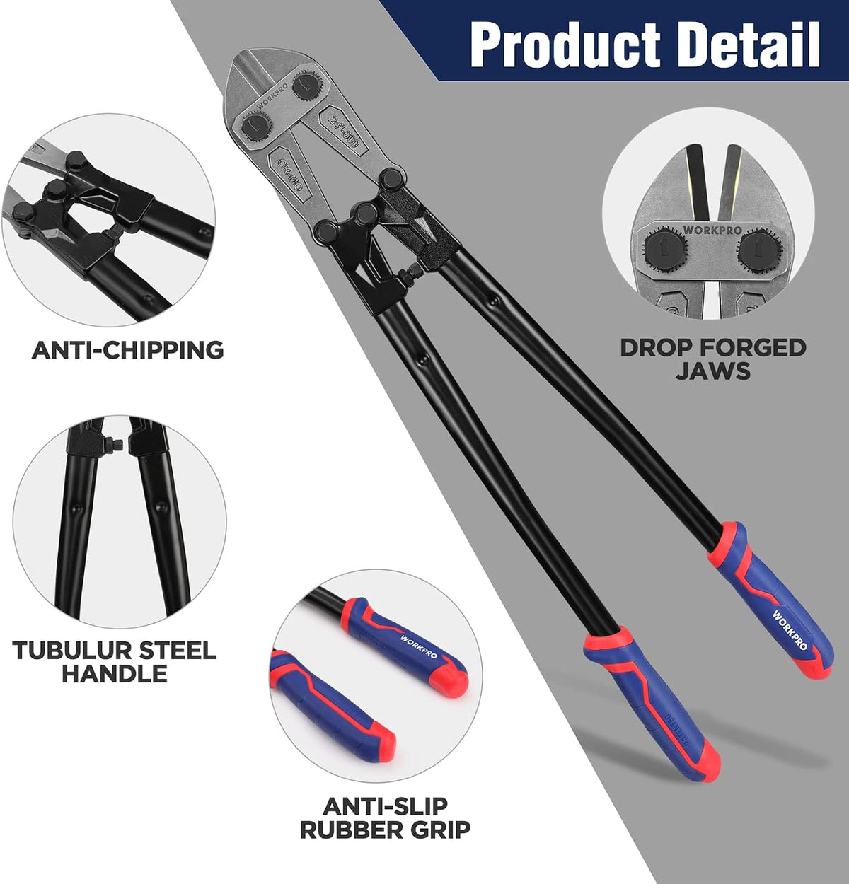 Workpro 24 inch bolt cutter in black, blue, and red with a visible adjustable minimum-opening screw.