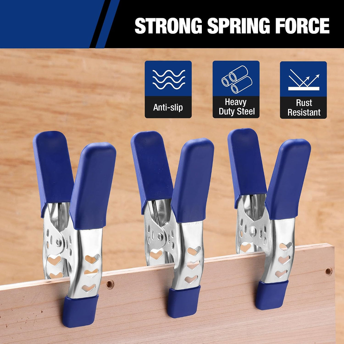 Workpro 4 inch spring clamps, 12 pack in blue and silver with ergonomic one-hand handles, shown on a wooden board.