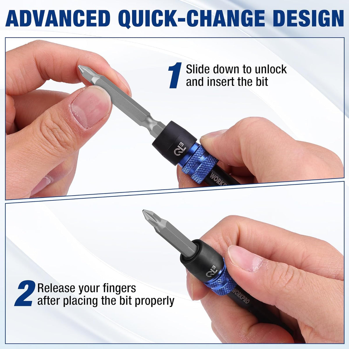 Quick-change black bit extension adapter with blue release sleeve shown in hands