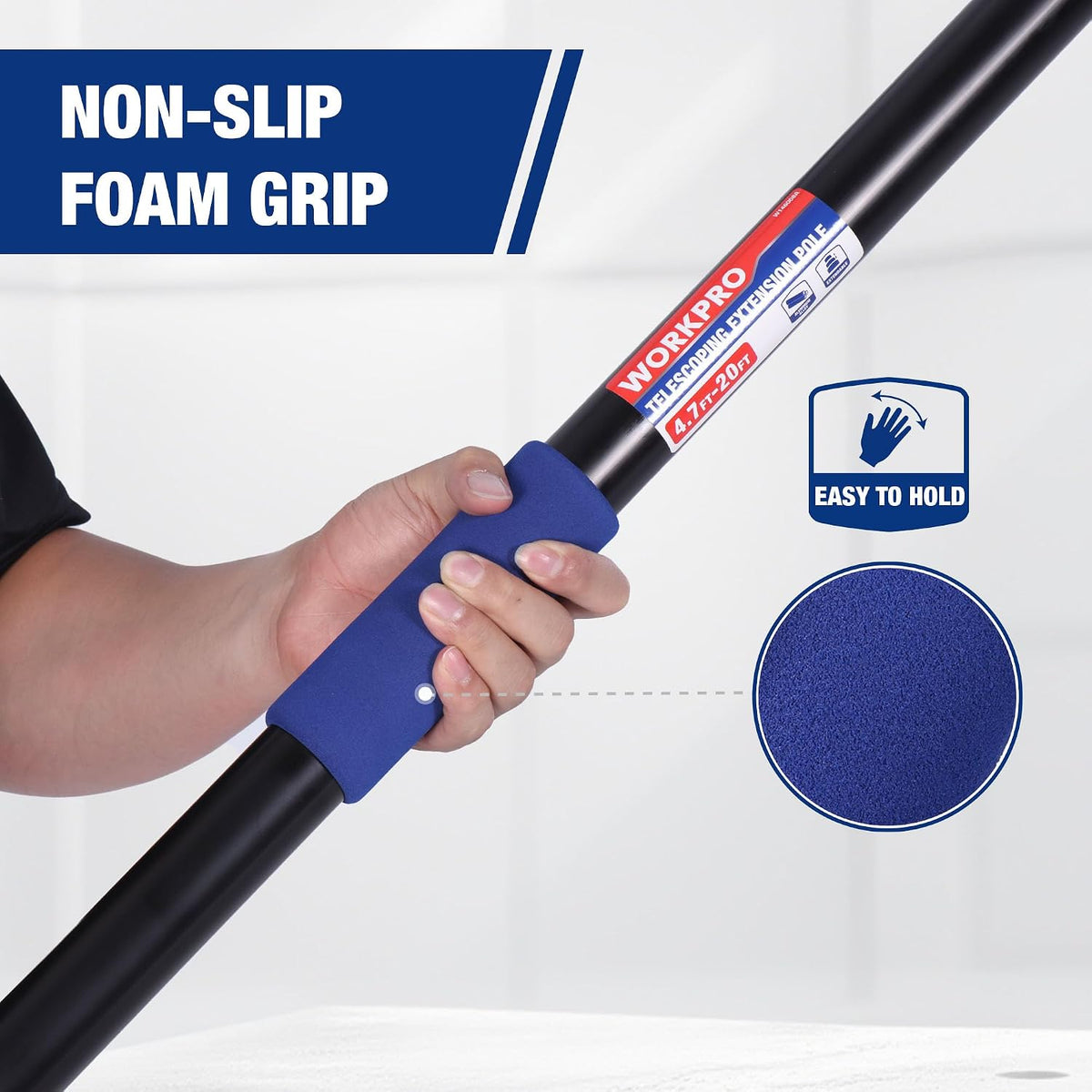 Workpro 20 ft painting pole with blue non-slip foam grip and easy to hold handle for cleaning
