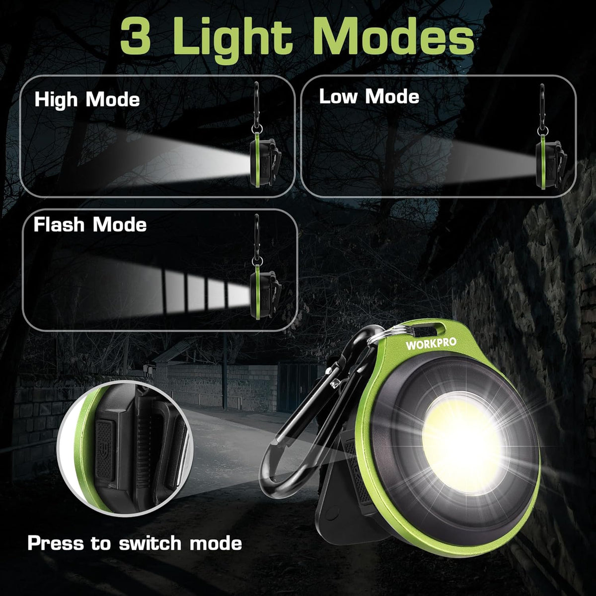 Green and black mini keychain flashlight with hanging carabiner and bright COB lens