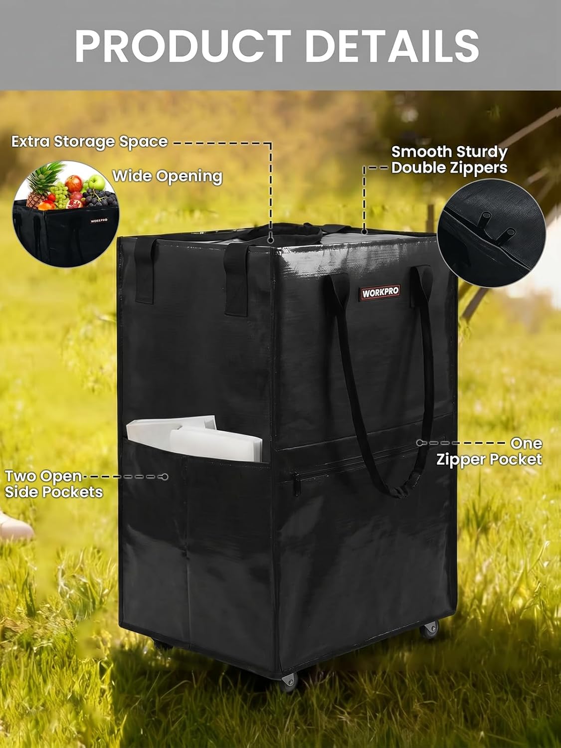 Black rolling tote with zippered top, front pocket, and tote-style carry handles.
