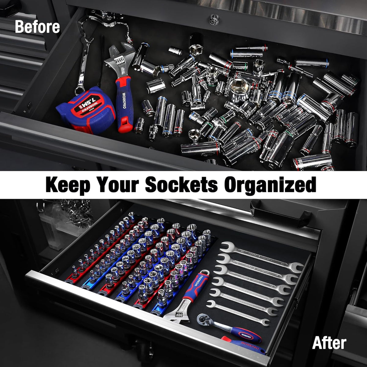 Socket organizer set with blue magnetic rails and rows of metal socket holders