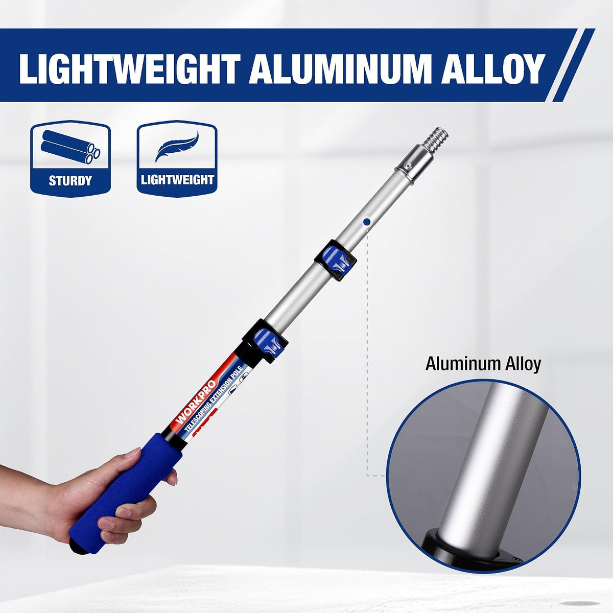Workpro 3 ft paint roller pole with telescoping shaft, blue grip, and silver finish shown extended