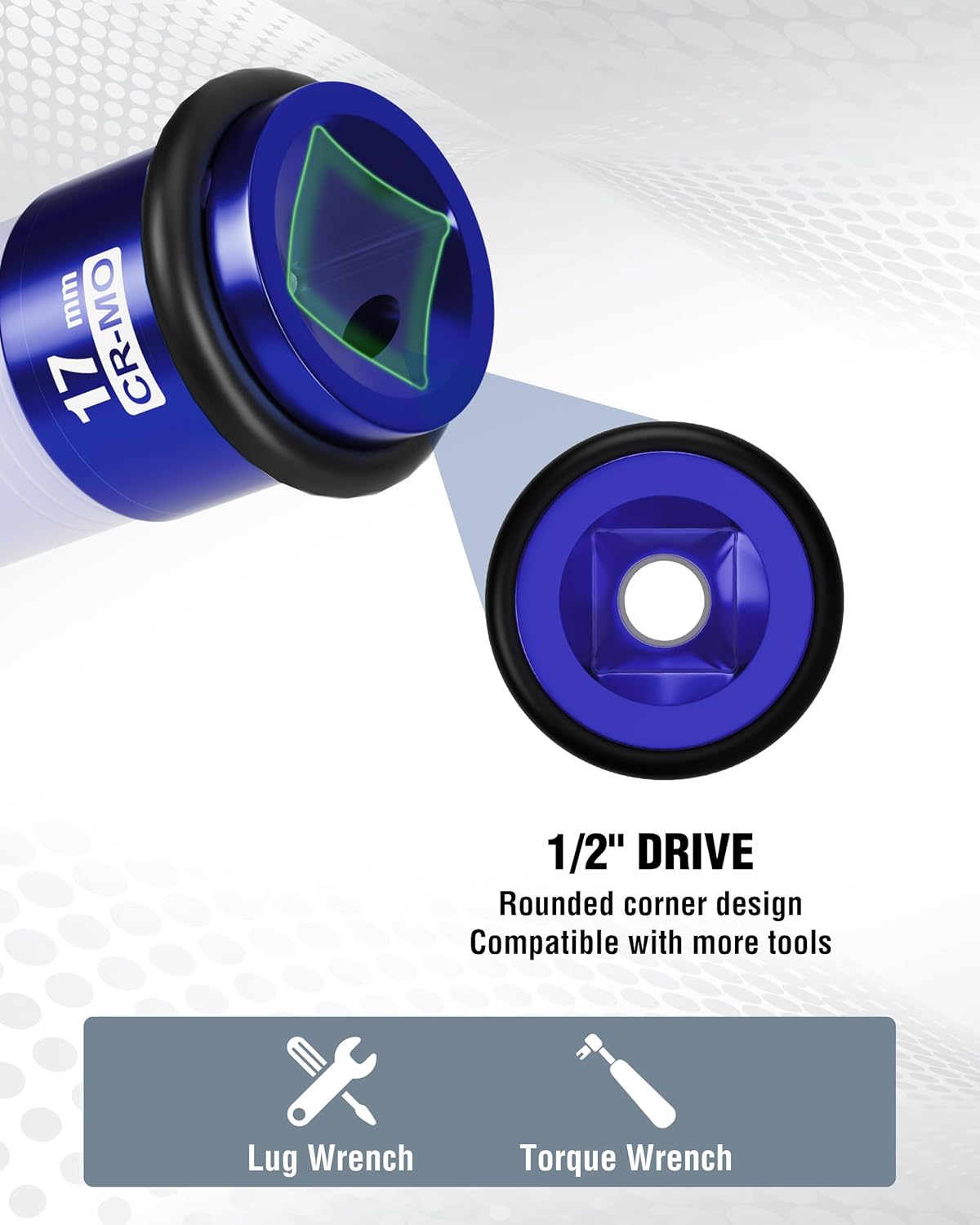 Blue 1/2 in drive lug nut socket with rounded corner design and 6-point opening
