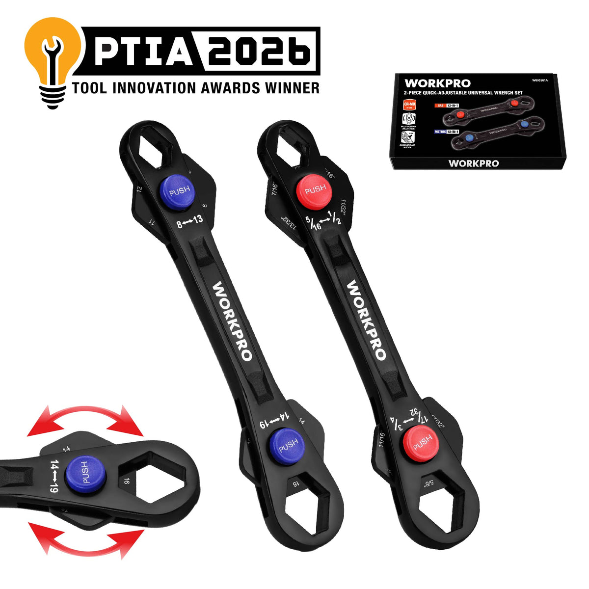 Workpro 2-piece 12-in-1 universal adjustable wrench set in black with color-coded rotating plates and innovation award emblem