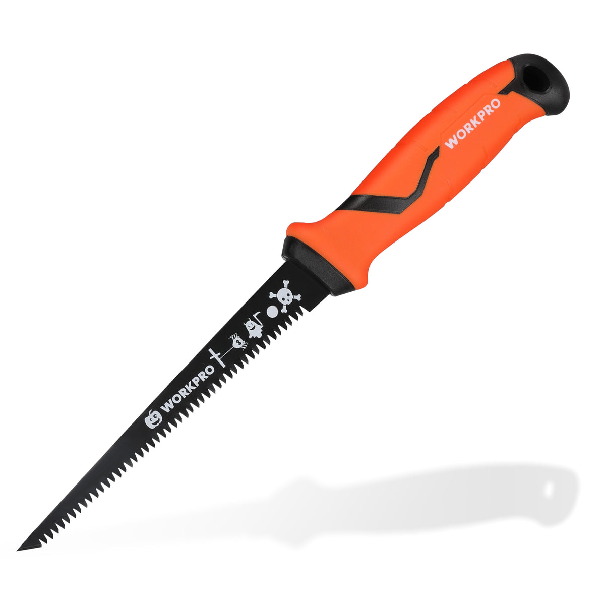 Workpro 6 inch bi-metal pumpkin drywall saw in orange and black with triple-ground inverted-tooth cutting surfaces
