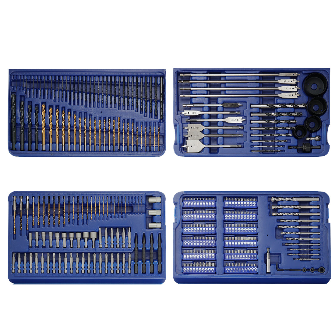 Workpro 300-piece drill set in a blue molded storage case with designated compartments for accessories.