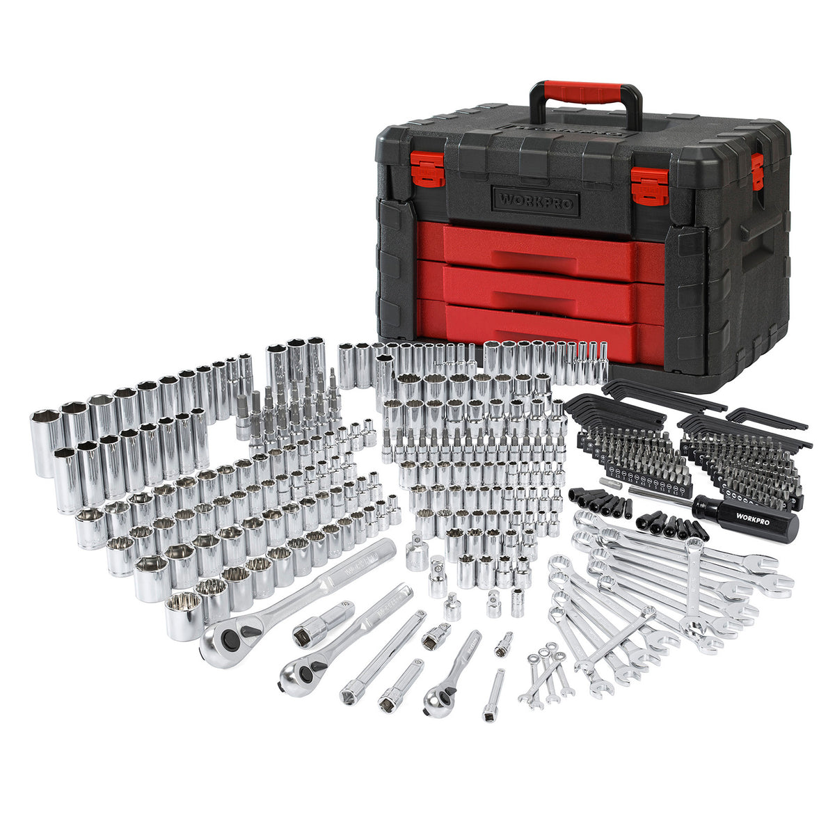 WORKPRO 450 Pcs universal mechanics tool set with blow-molded case, innovation quality and durable chrome-plated steel