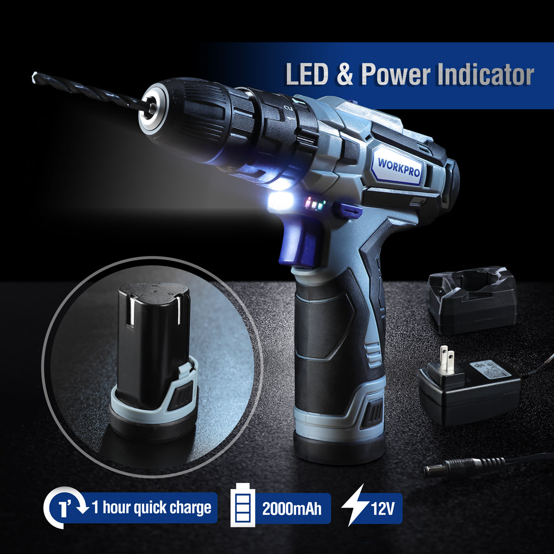 Workpro 12V cordless drill with LED power indicator, variable speeds, and 3-in-1 functions for DIY repairs
