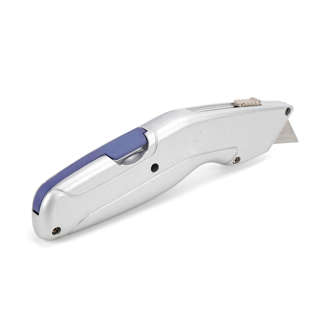 Workpro retractable utility knife with self-retracting safety mechanism in silver and blue, shown with blade extended