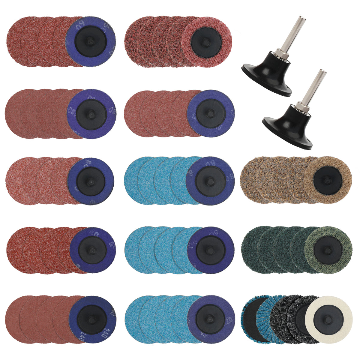 Workpro 101 piece 2 inch sanding discs set with 1/4 inch holders, featuring assorted abrasive textures and colors.