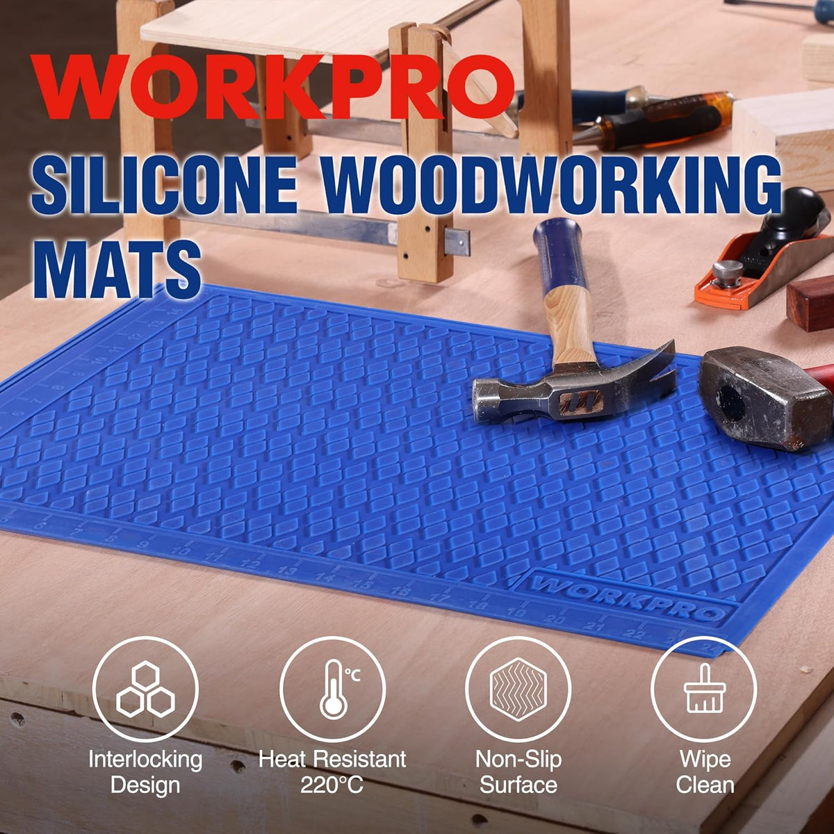 Blue silicone woodworking mat with textured anti-slip surface and interlocking pattern