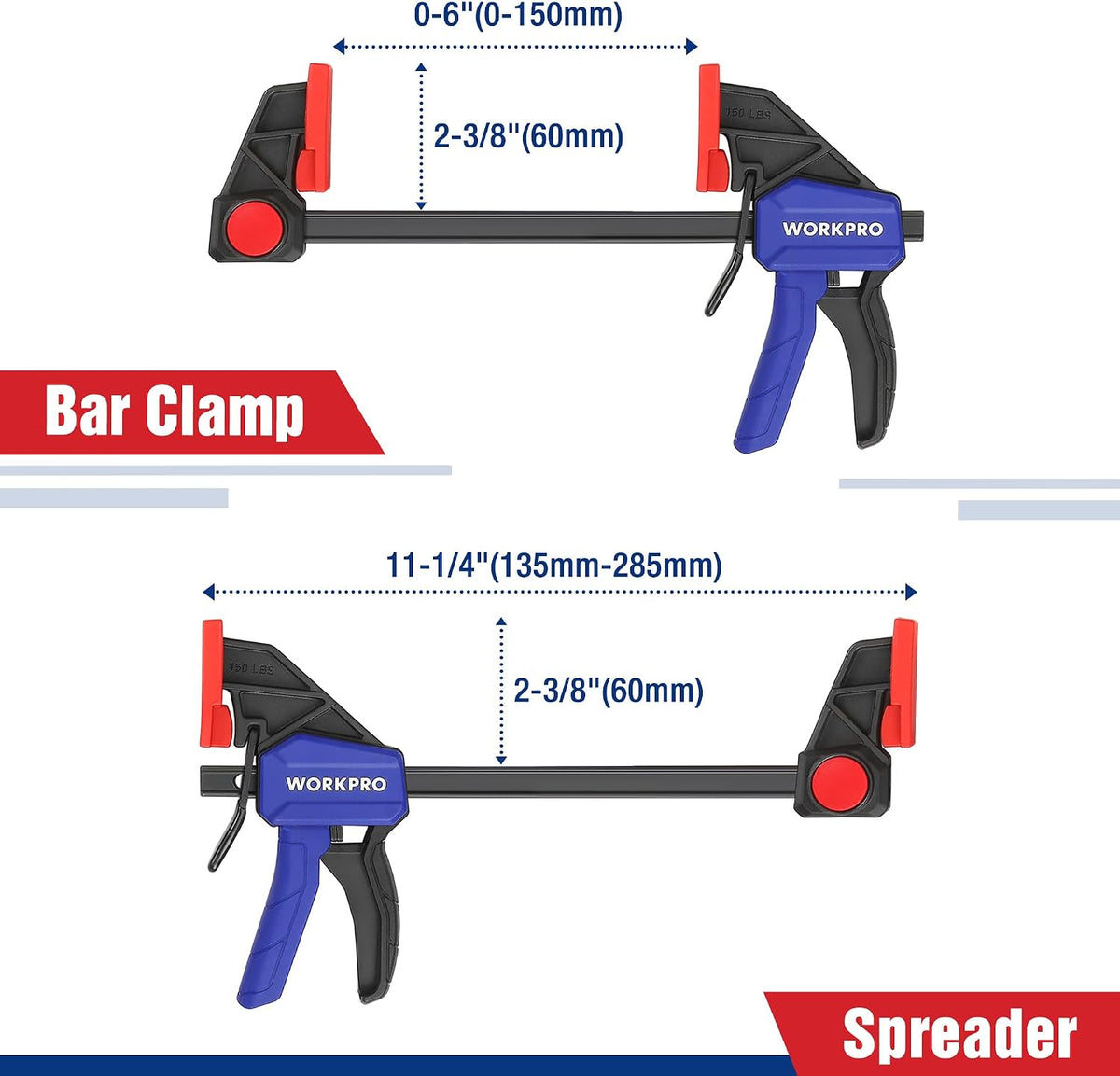Workpro 6 inch woodworking clamps in red and black with bar clamp and spreader functions, made from hardened steel.