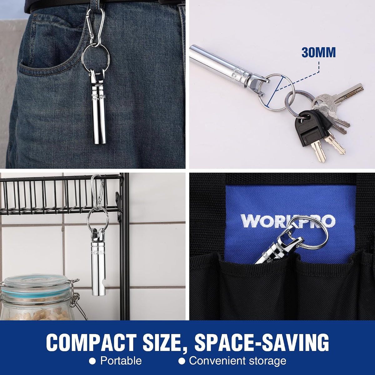 Portable socket bottle opener keychain hanging from a belt loop with keys