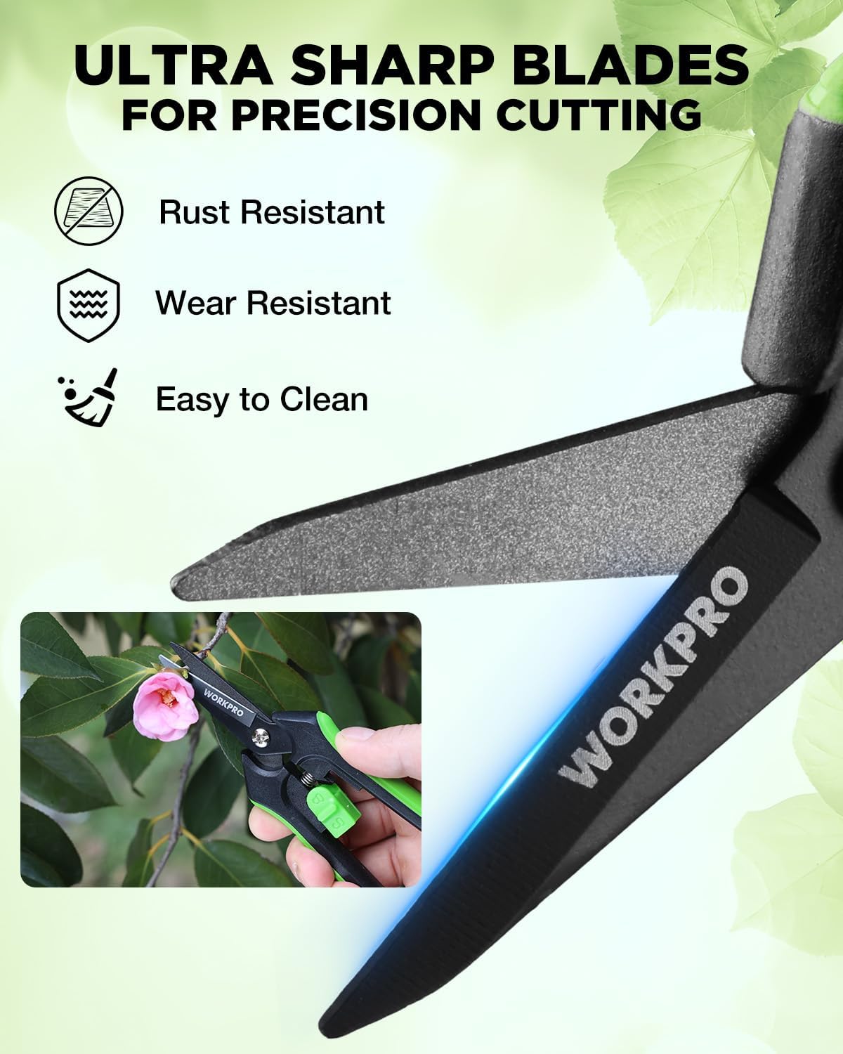 Garden pruning shears with rust-resistant, wear-resistant blades and nonstick coating
