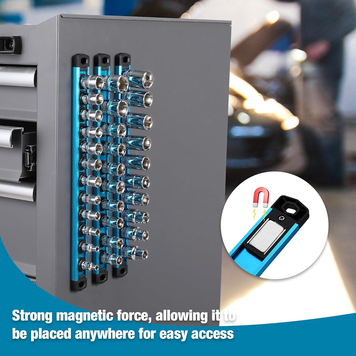 Sky blue magnetic socket rail with black mounting plate and chrome sockets