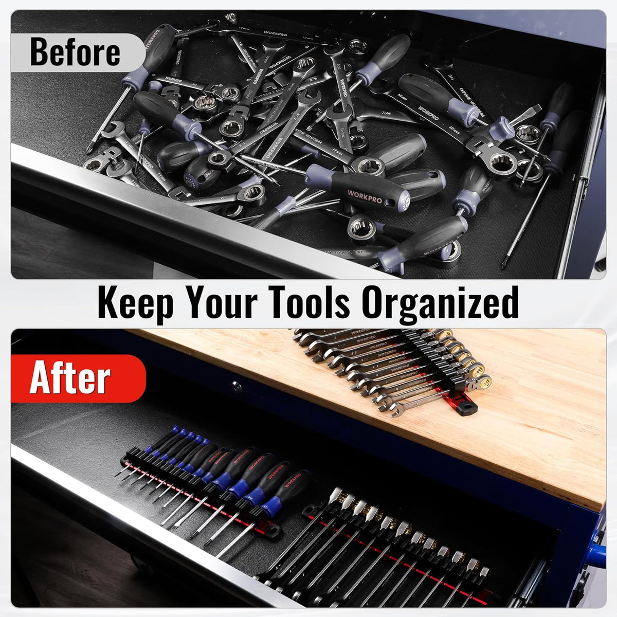 Magnetic tool organizer rail with red slots holding screwdrivers and wrenches (tools not included).
