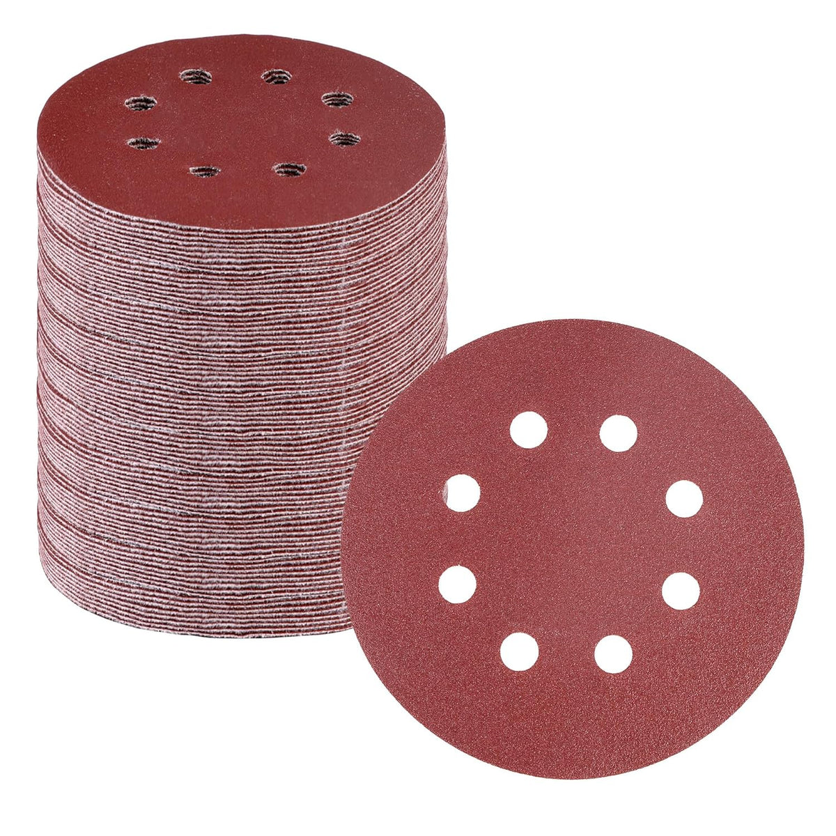 Maroon hook-and-loop sanding discs stack, round design with multiple 8-dust holes