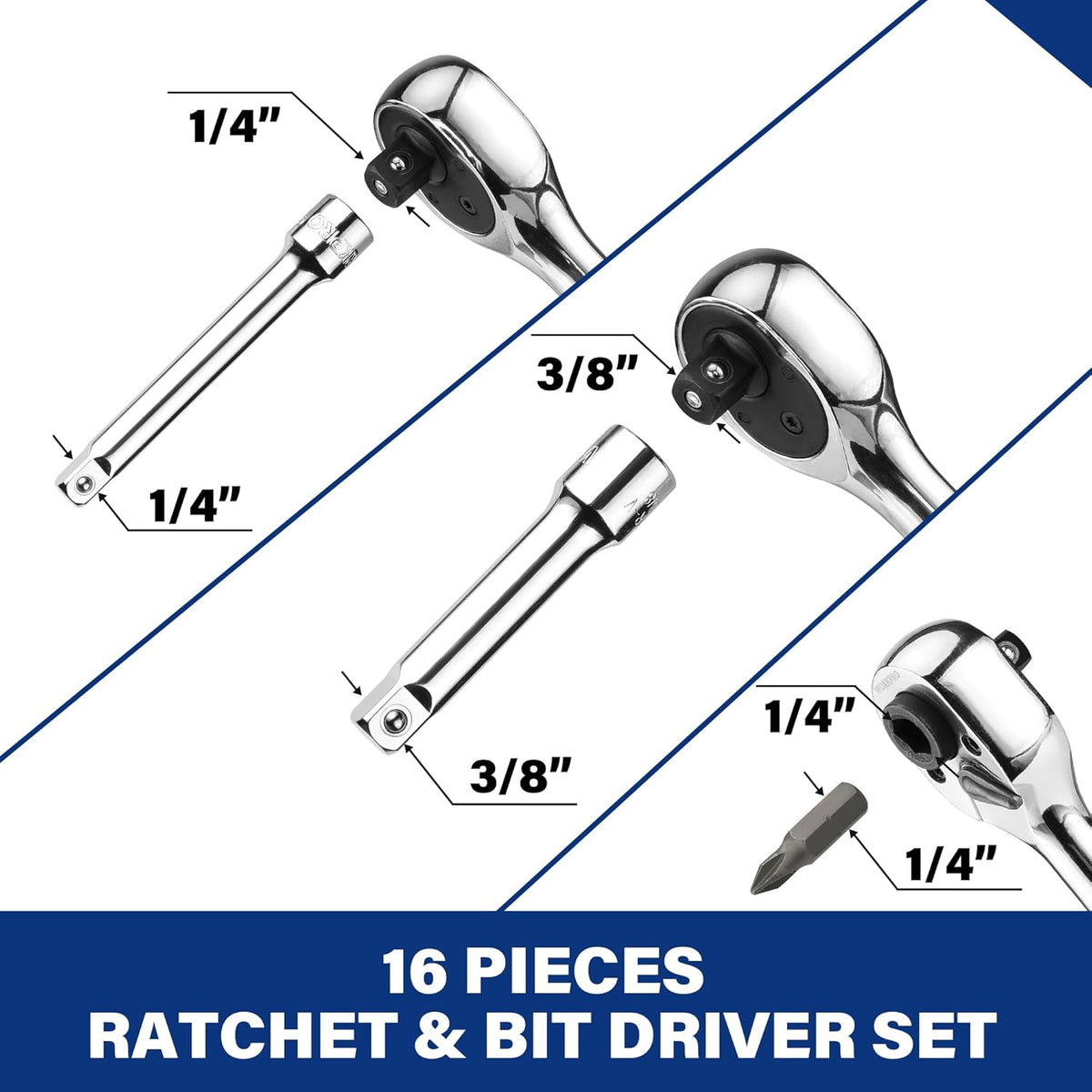 Chrome stubby ratchet driver set with 1/4 and 3/8 extensions, sockets, and hex bits