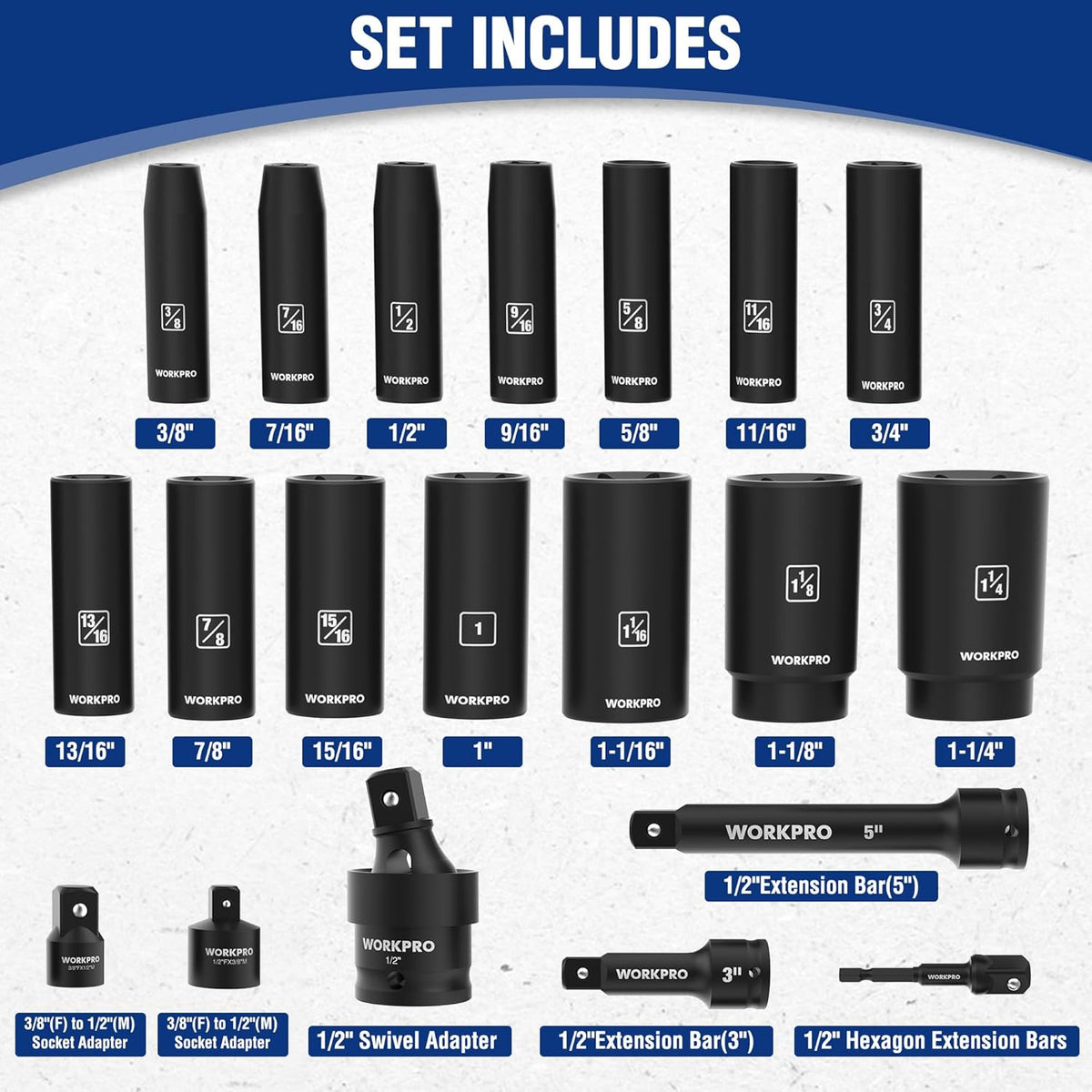 WORKPRO 20-piece 1/2-inch drive deep impact socket set, black 6-point sockets and adapters