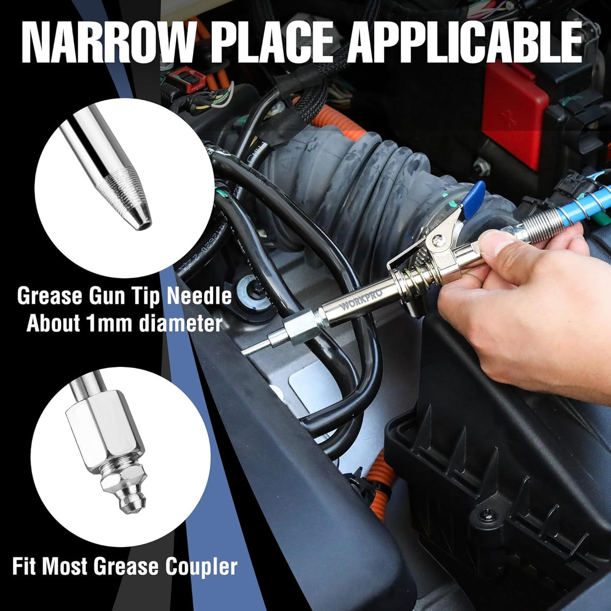 Grease gun coupler with needle tip and blue hose for grease fitting access