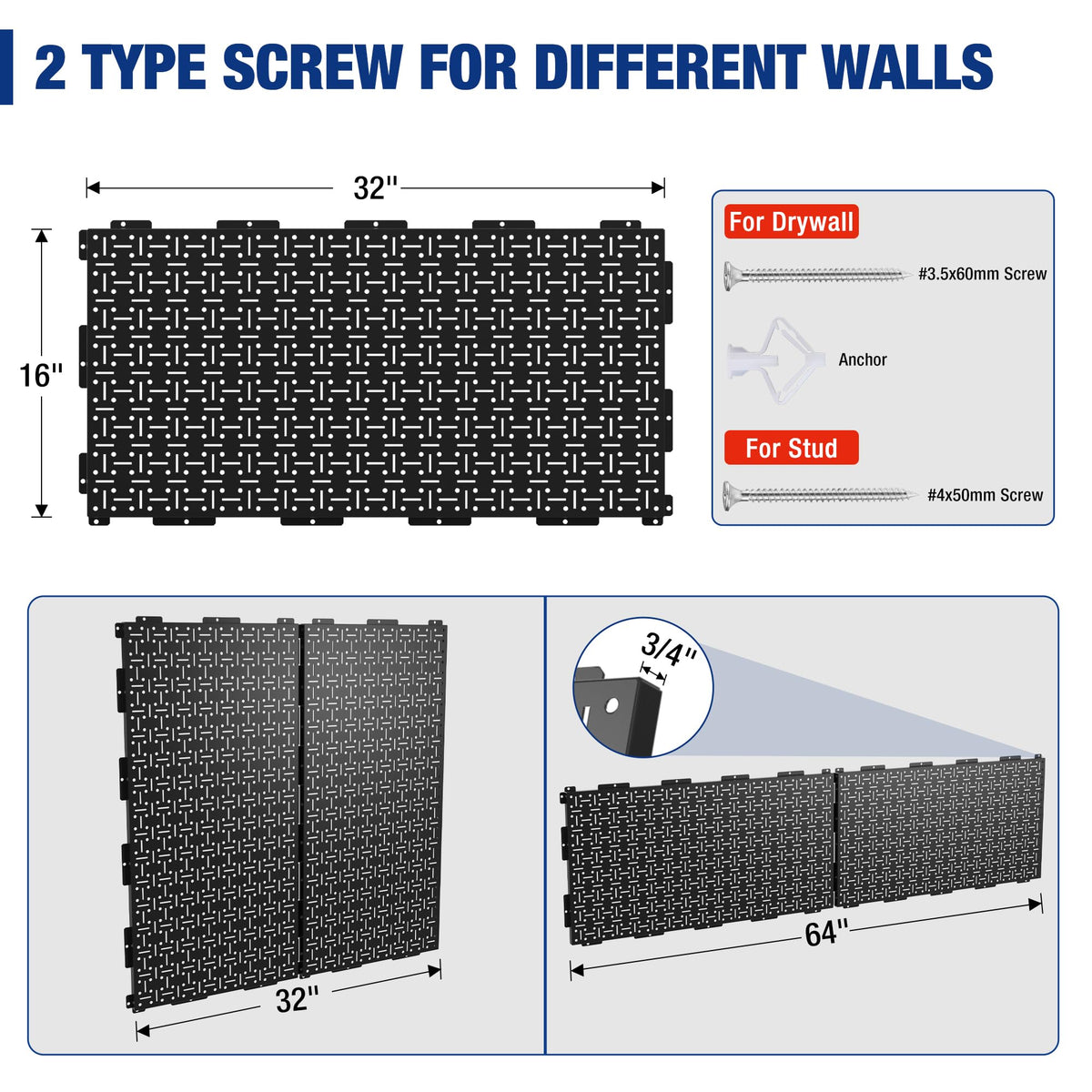 Black metal steel pegboard wall organizer panel with evenly spaced mounting holes