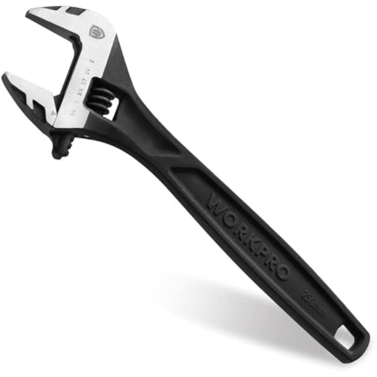 Black 10-inch adjustable wrench with silver scale jaw and adjustment screw