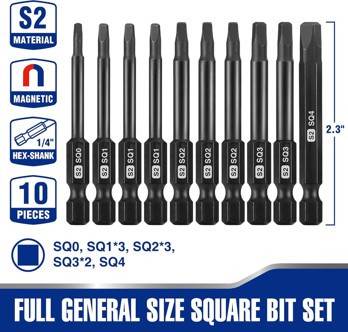 Magnetic square screwdriver bit set with 1/4 in hex shanks, S2 steel, 2.3 in