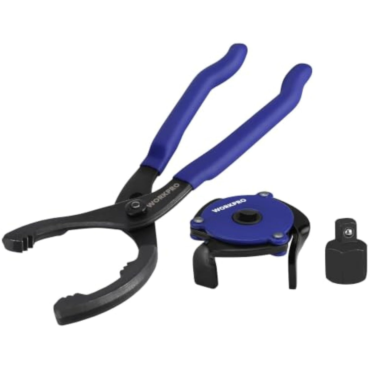 Oil filter wrench set with adjustable pliers, universal 3-claw wrench, and small adapter