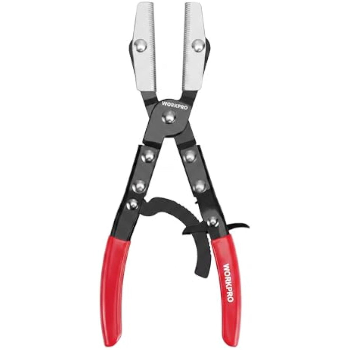 Ratcheting hose pinch-off pliers with silver serrated jaws, black frame, and red handles