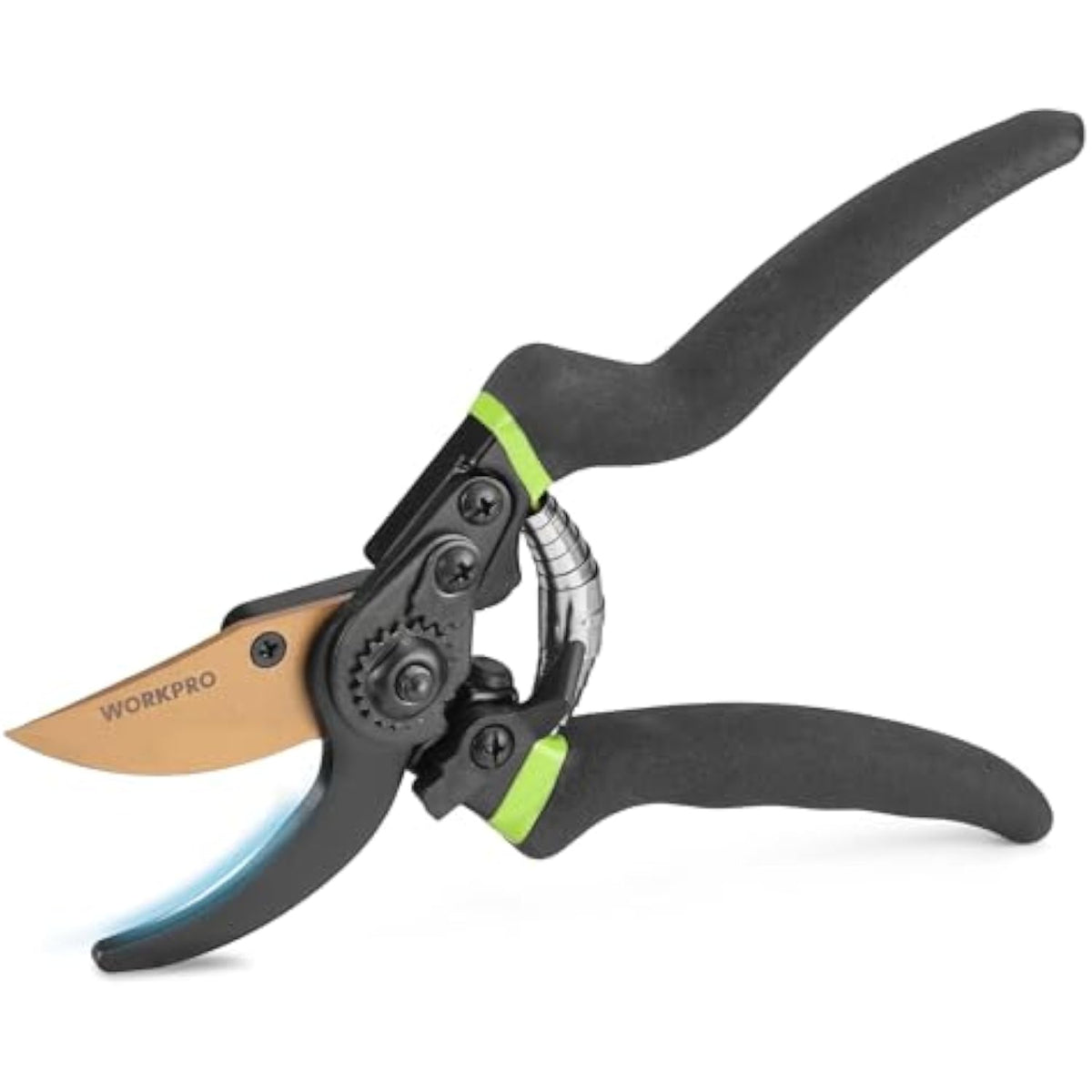 Bypass pruning shears on white background, tan blade with black handles and green accent pivot
