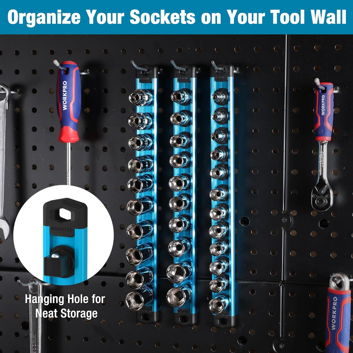 Sky blue magnetic socket organizer hanging on a tool wall with black clip holders
