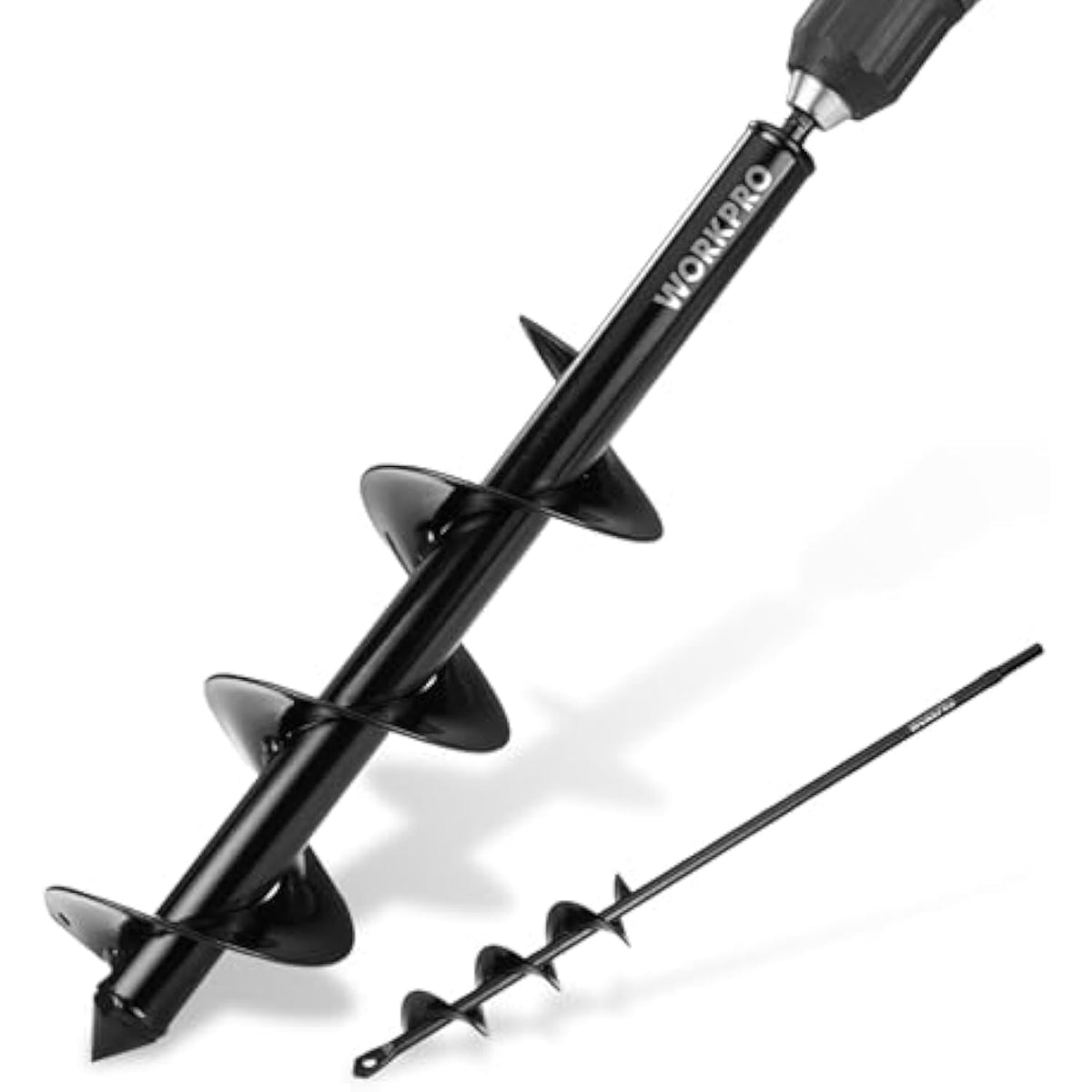 Pair of black spiral auger bits with screw tips and long drill shafts