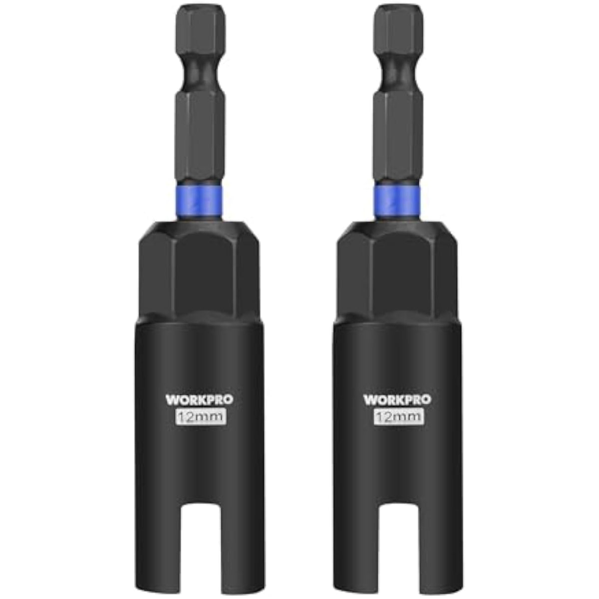 Two black 12mm wing nut driver bits with blue bands, matching sockets and hex ends.