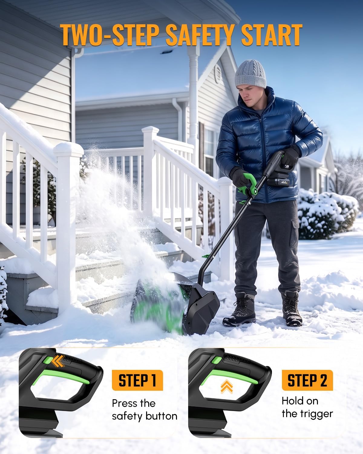 Workprox cordless snow shovel in green and black with two step safety start for clearing fresh snow.