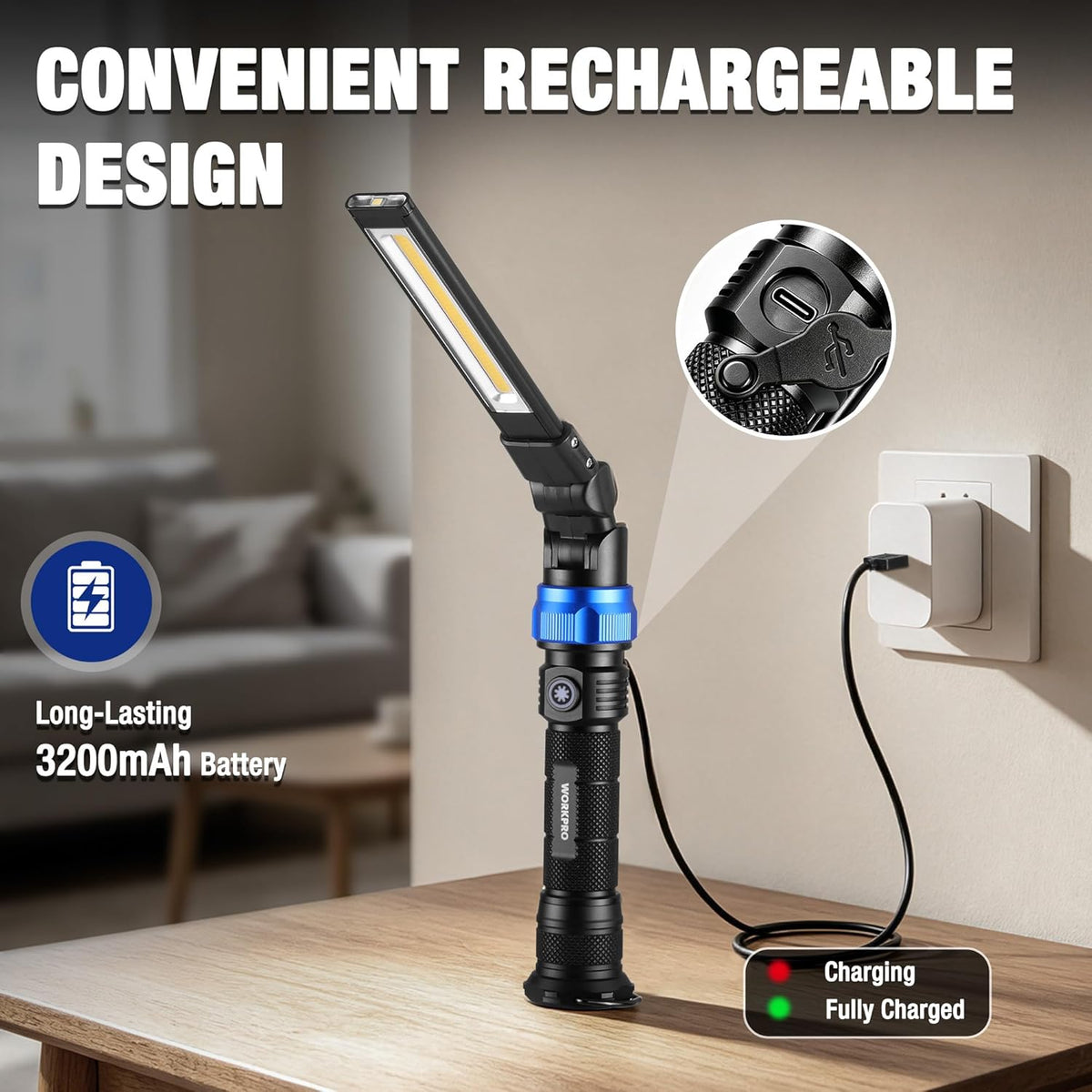 Rechargeable LED work light charging on wall outlet, with visible charging indicator lights.